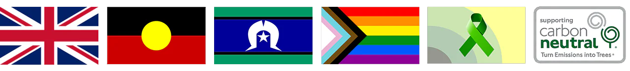 Union Jack, Aboriginal and Torres Strait Islander flags, Progress Pride flag, mental health green ribbon and carbon neutral certification